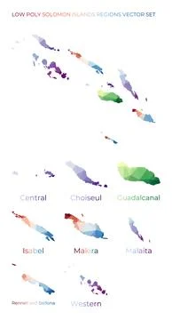 Solomon Islander low poly regions. Polygonal map of Solomon Islands with re.. Stock Illustration