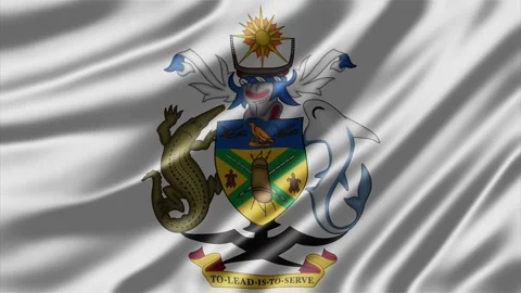 Solomon Islands coat of arms displayed on a waving white silk fabric surface Stockbeeldmateriaal 344847218
