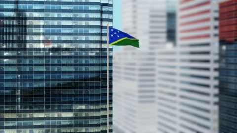Solomon Islands Flag 3D Render Animation on Pole with Modern City Buildings  스톡 동영상 332311294