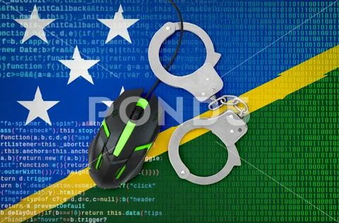 Solomon Islands flag and handcuffed computer mouse. Combating computer crime Stock Photos