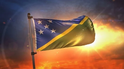Solomon Islands Flag Backlit At Beautiful Sunrise Loop Slow Motion 4K Stock Footage 76817649