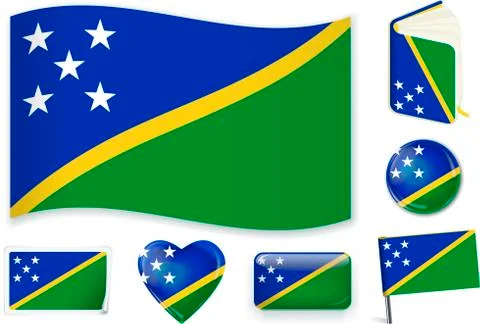 Solomon Islands flag wave, book, circle, pin, button, heart and sticker. Stock Illustration