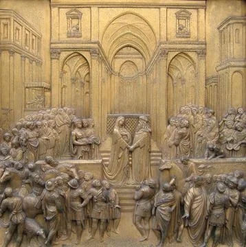 Solomon Meets the Queen of Saaba Saba Relief on the Paradise Door of the Stock-Fotos