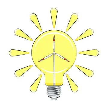 Сolor illustration with light bulbs, wind turbine, rays, green energy Stock Illustration