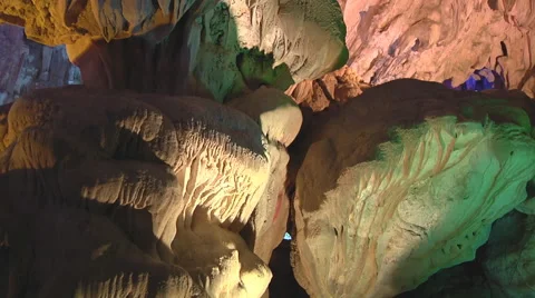 Сolorful karst cave in Hạ Long Bay, North Vietnam Stock Footage 53280802