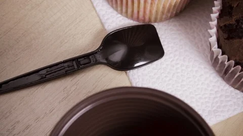 Soluble coffee 3 in 1 is poured into a plastic mug slow motion Stock Footage 88822953