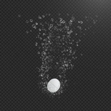 Soluble tablets in liquid with bubbles. Realistic illustration. Dissolving Stock Illustration