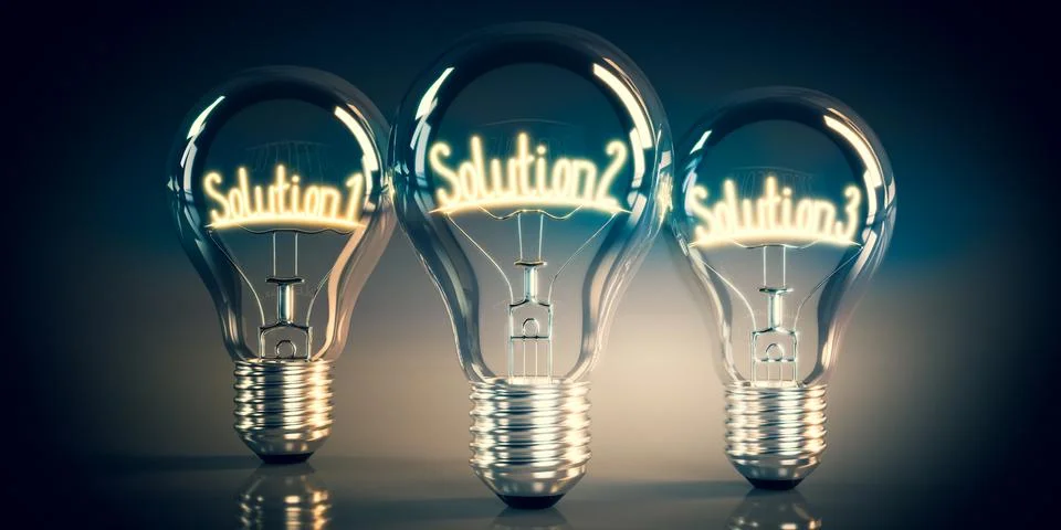 Solution 1, 2, 3 concept - shining light bulbs - 3D illustration Illustrazione stock