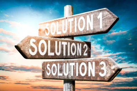 Solution 1, 2, 3 - wooden signpost, roadsign with three arrows Stockillustratie