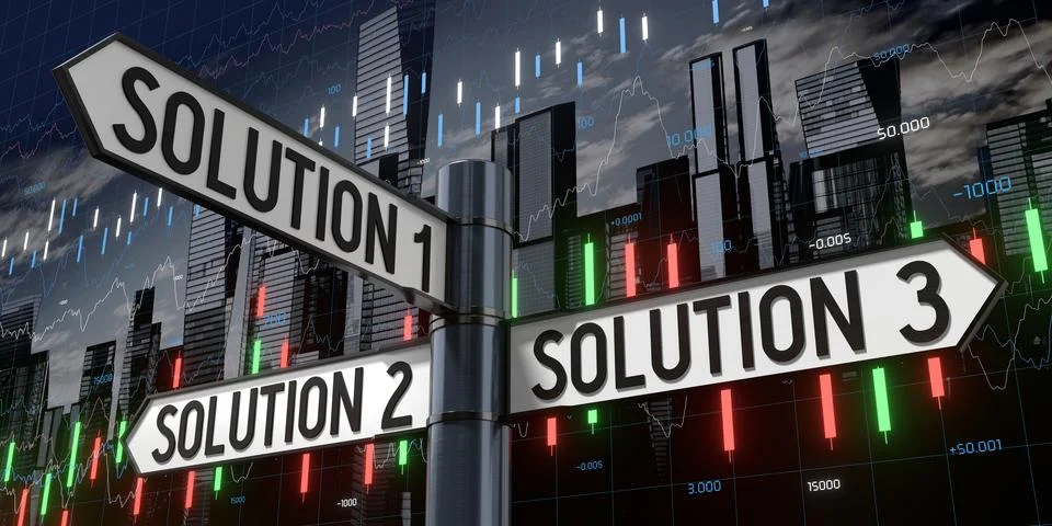 Solution 1, Solution 2, Solution 3 - Signpost with Three Arrows - 3D illust.. Illustration