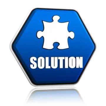 Solution and puzzle sign in blue hexagon banner Stock Illustration