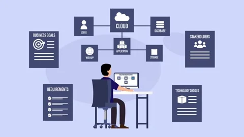 Solution Architecture Concept Illustration with IT Engineer Designing Cloud.. Stock Footage 337954750