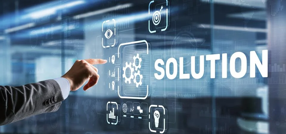 Solution. Businessman pressing on touch screen interface inscription Soluti.. Fotos de archivo
