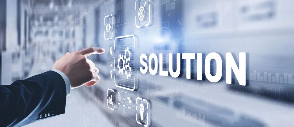 Solution. Businessman pressing on touch screen interface inscription Soluti.. Fotos de archivo