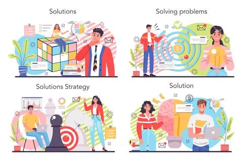 Solution concept illustration set. Solving the problem and finding creative Stock Illustration