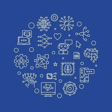 Solution concept round outline banner. Vector Artificial intelligence and N.. Stock Illustration