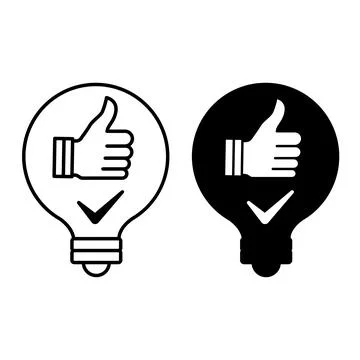 Solution Icons. Black and White Vector Illustration. Light Bulb and Thumbs .. Stock Illustration
