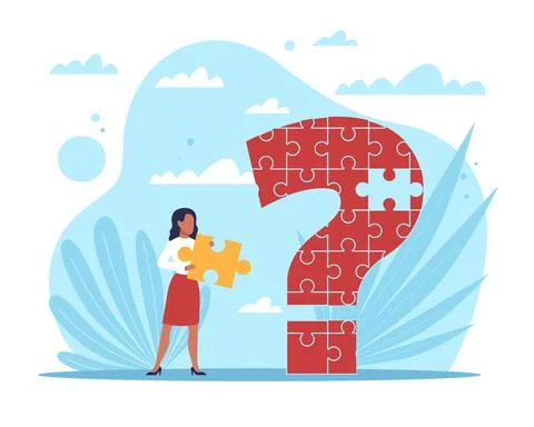 Solution of issue, solve problem. Woman find answer, question sing with puzzle Illustrazione stock