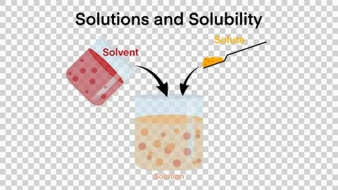 Solution is made up of particles, solutes, a solvent, Solvent is usually liquid Illustrazione stock