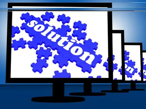 Solution on monitors shows solving problems and achieving results Illustrazione stock