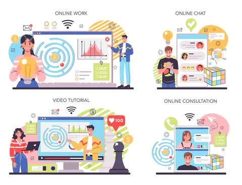 Solution online service or platform set. Solving problems and finding Stock Illustration