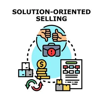 Solution oriented selling approach finding client needs Stock Illustration