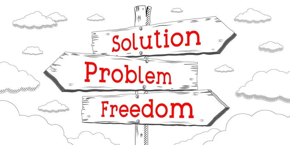 Solution, problem, freedom - outline signpost with three arrows Stock Illustration