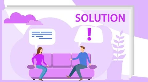 Solution to the problem. A man and a woman are sitting on a sofa and solving 库存插图