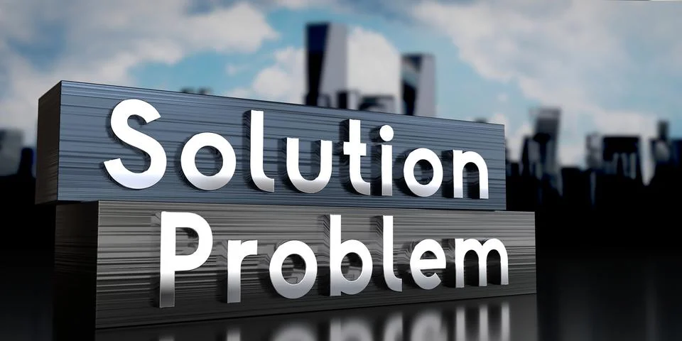 Solution, problem - metal blocks and skyscrapers - 3D illustration イラスト素材