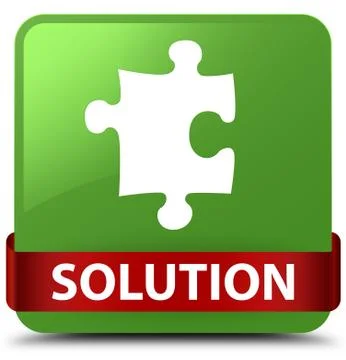 Solution (puzzle icon) soft green square button red ribbon in middle Stock Illustration