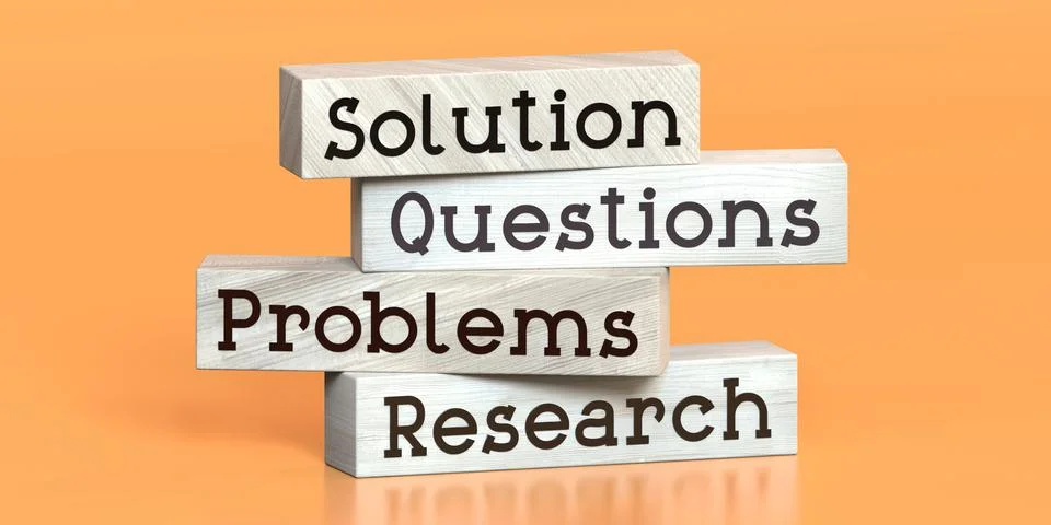 Solution, questions, problems, research - words on wooden blocks Stock Illustration