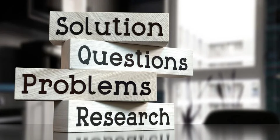 Solution, questions, problems, research - words on wooden blocks Stock Illustration