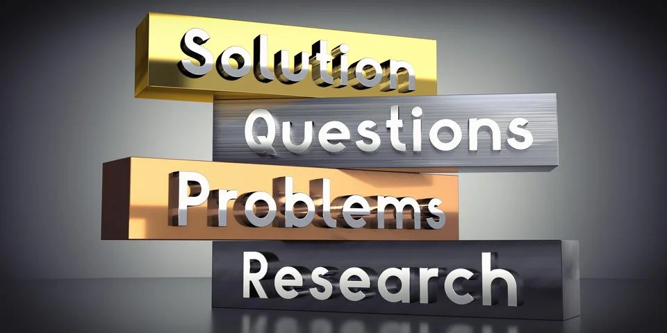 Solution, questions, problems, research - words on metal blocks - 3D illust.. Stock Illustration