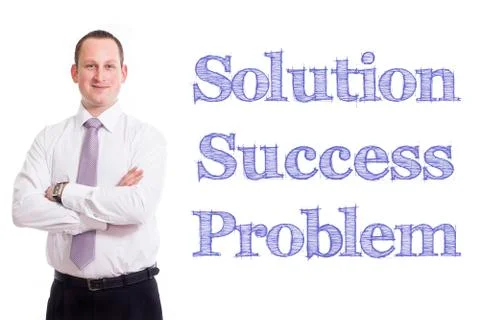 Solution Success Problem - Young businessman with blue text Stock Photos