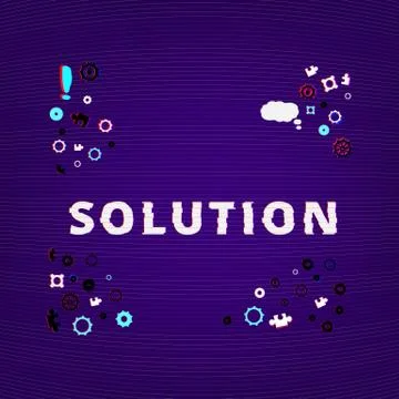 Solution text on dark background with gears and puzzles shapes. Distorted gli Illustrazione stock