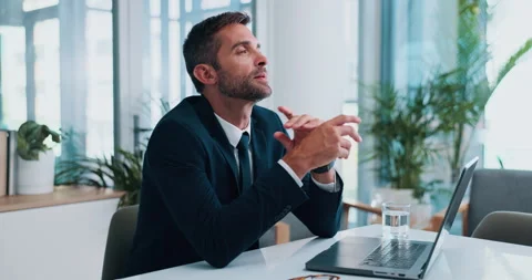 Solution, thinking and business man on laptop for investment banking, problem Stock Footage 303484332