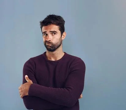 Solution, thinking and man with doubt, decision and problem solving on grey 스톡 사진