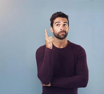 Solution, thinking and man with ideas, decision and problem solving on grey Stock Photos