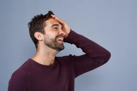 Solution, thinking and man with smile, decision and problem solving on grey Stock Photos