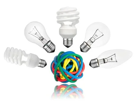 Solution - Various Lightbulbs above colored cables Fotos Stock