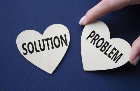 Solution vs Problem symbol. Concept word Solution vs Problem on wooden hearts 스톡 사진