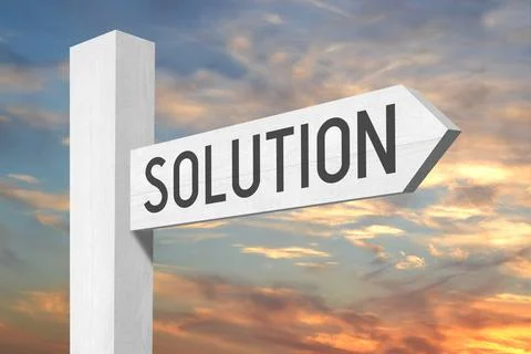 Solution - white wooden signpost with one arrow and sunset sky in background Stock Photos