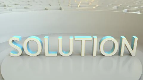 SOLUTION word in the center of a big maze. Conceptual 3D rendering Stock Photos