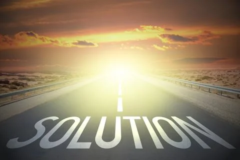 Solution word on a road and sunset sky Stockfoto's