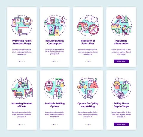 Solutions to air pollution onboarding mobile app page screen set Ilustración de archivo