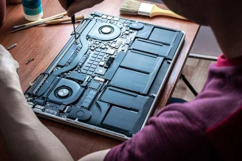 Solutions services electronic hardware. Engineer technician man upgrade and m Stock Photos