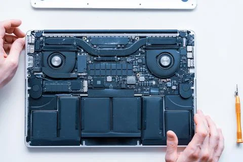 Solutions services electronic hardware. Engineer technician man upgrade and m Stock Photos