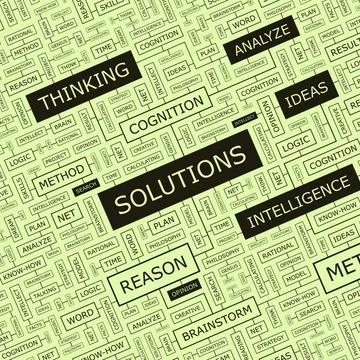 SOLUTIONS SOLUTIONS. Word cloud illustration. Tag cloud concept collage. U... Stock Photos