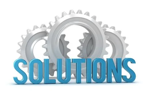 Solutions word with cogs in background isolated on white Stock Illustration