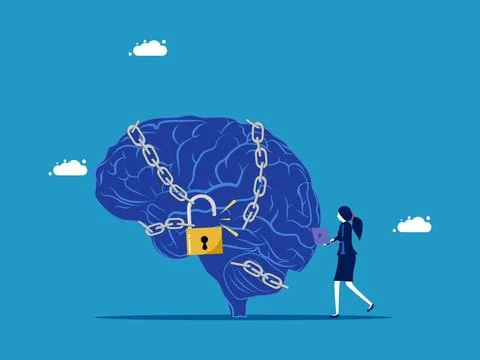 Solve brain problems, freedom to think. Businesswoman unlocks brain from chai Stock Illustration